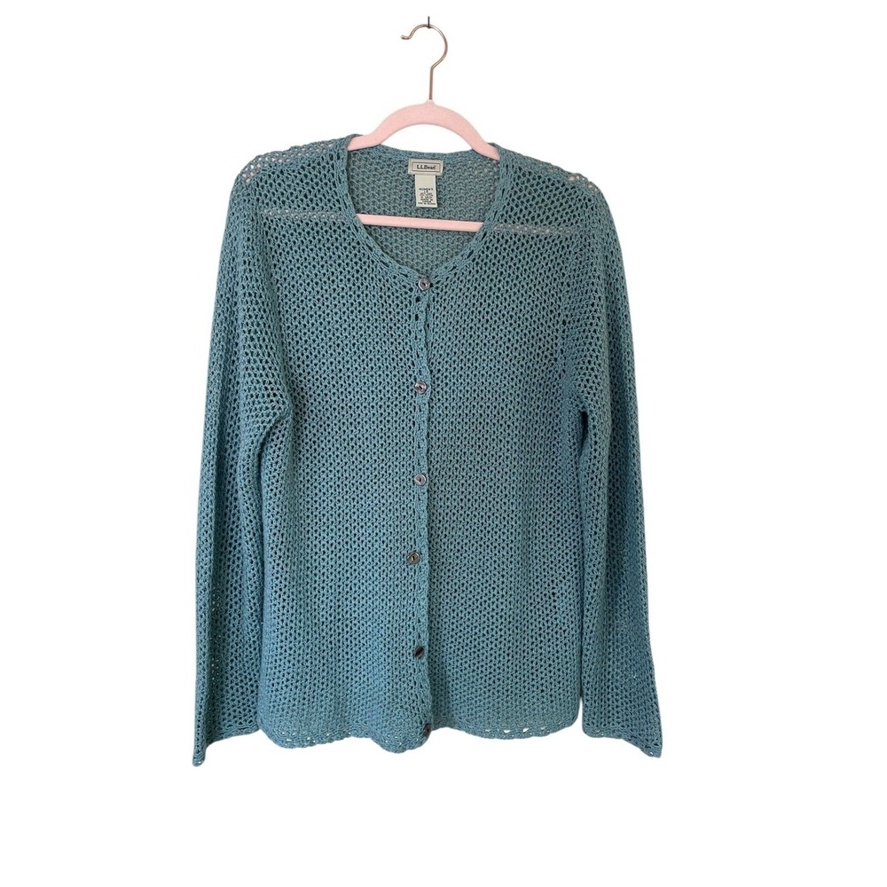 L.L. Bean Vintage Cottage core Open‎ Knit Cardigan Woman Size Large cotton blend